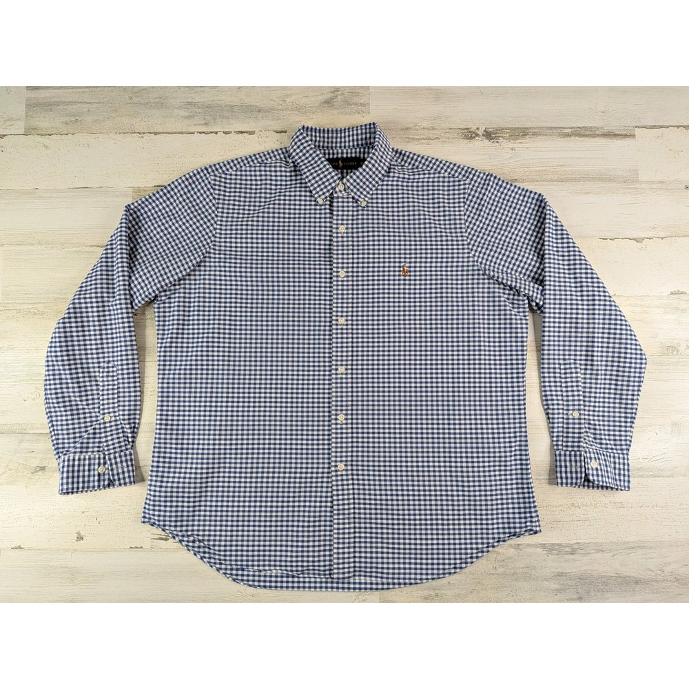 Ralph Lauren Shirt Mens Extra Large Blue Gingham Flesh Pony OCBD Oxford
